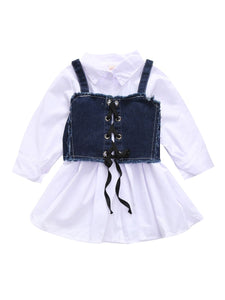 2-Piece Little Girl White Shirt Dress Matching Denim Vest