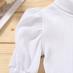 Little Girl White High Neck Top & Brown Skirt Set