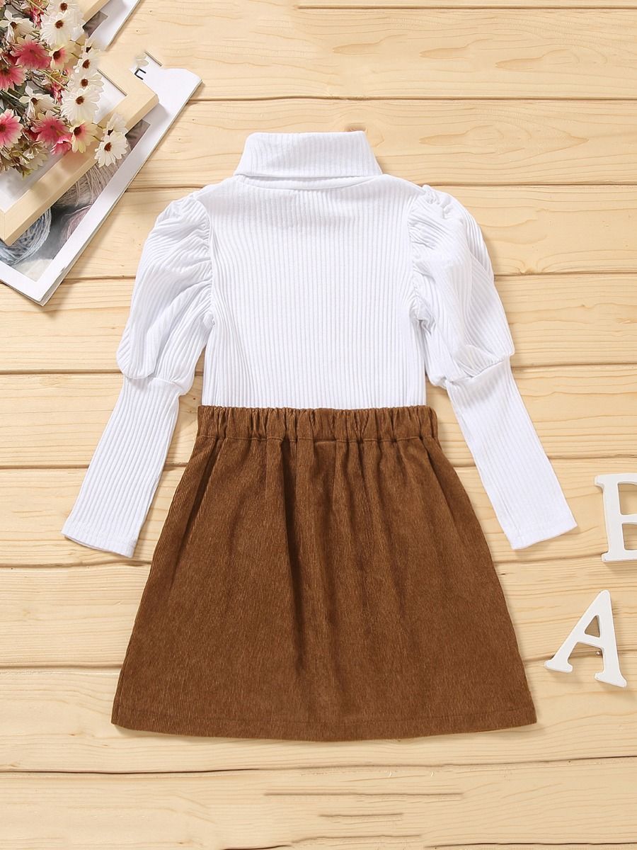 Little Girl White High Neck Top & Brown Skirt Set