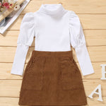 Little Girl White High Neck Top & Brown Skirt Set