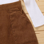 Little Girl White High Neck Top & Brown Skirt Set