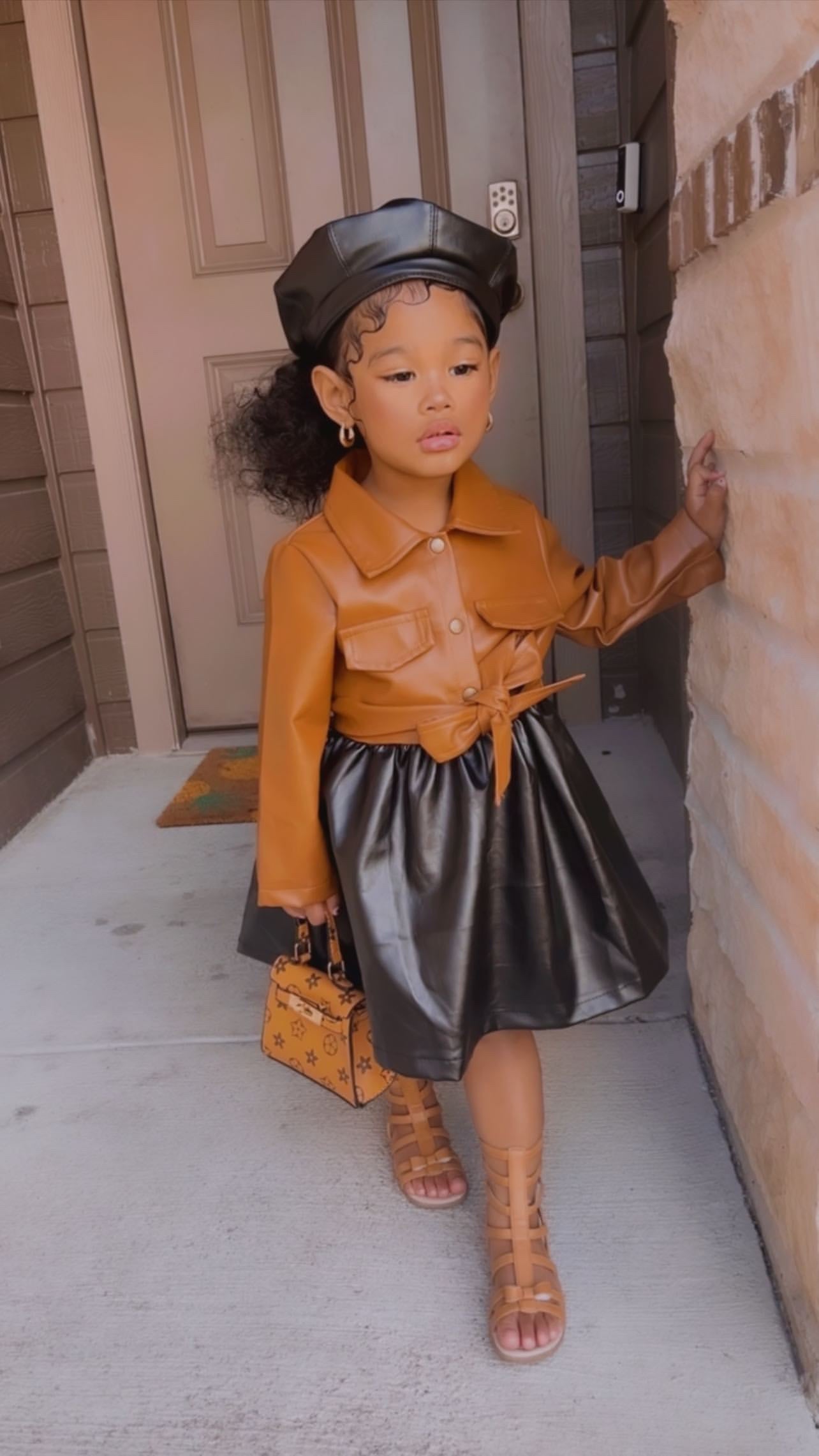 Pre Order Toddler Girl PU Leather Lapel Collar Dress