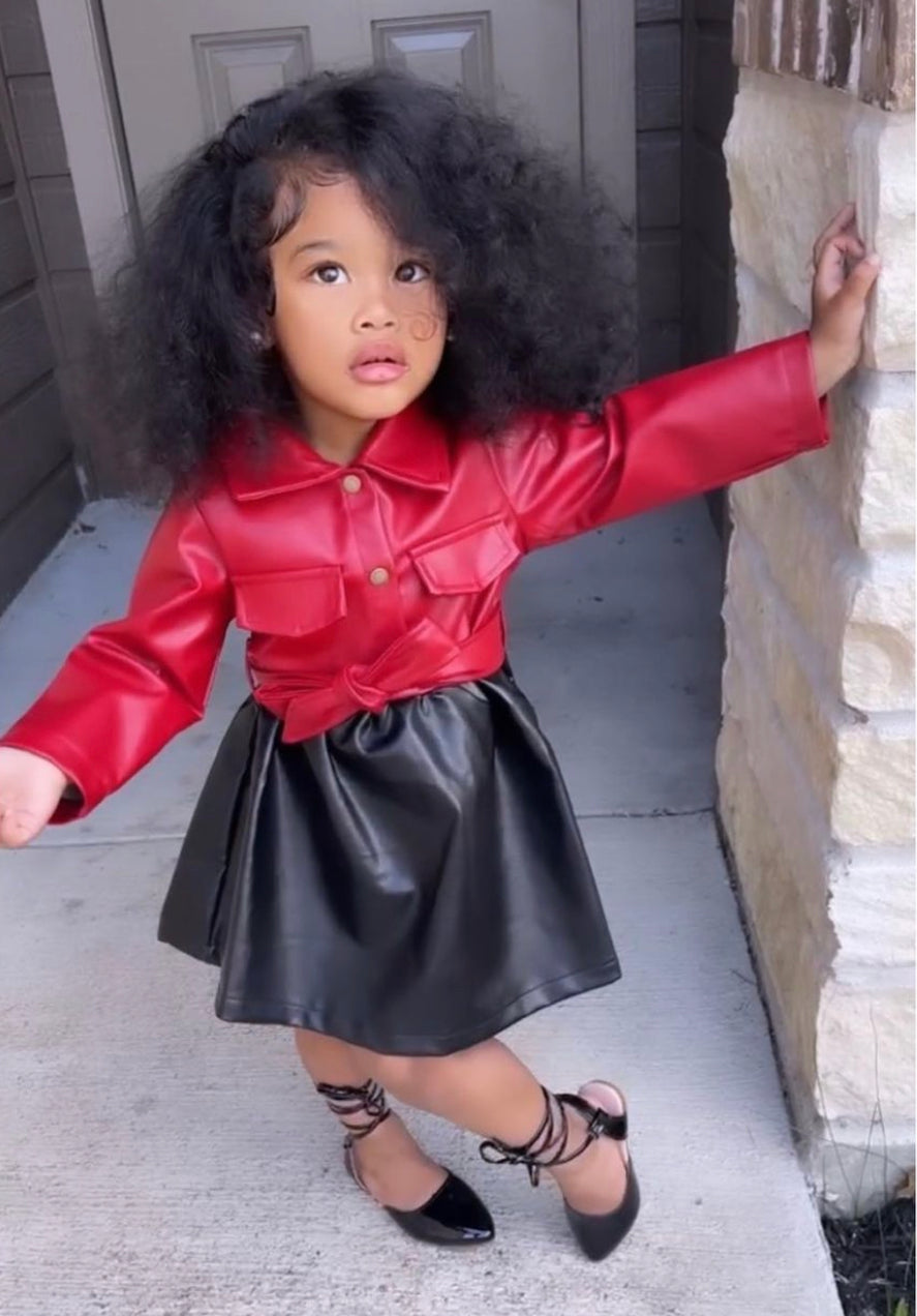 Pre Order Toddler Girl PU Leather Lapel Collar Dress