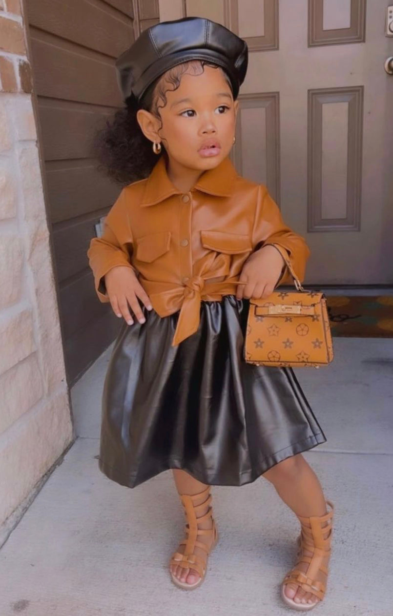 Pre Order Toddler Girl PU Leather Lapel Collar Dress