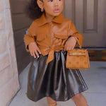 Pre Order Toddler Girl PU Leather Lapel Collar Dress