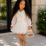 Little Girl Lapel Neck Mesh Dress White