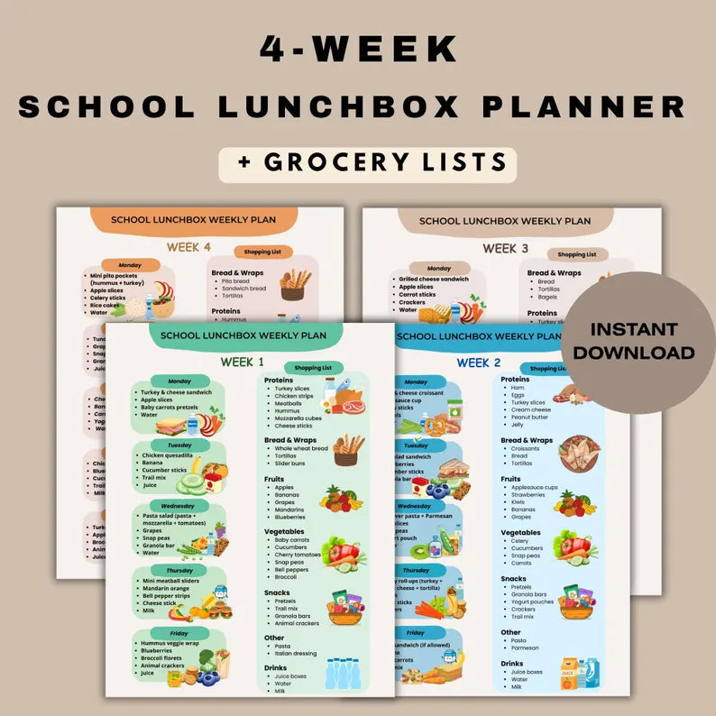 Kids Lunchbox Planner Printable, School Lunch Ideas for Kids, Weekly Meal Plan & Grocery List