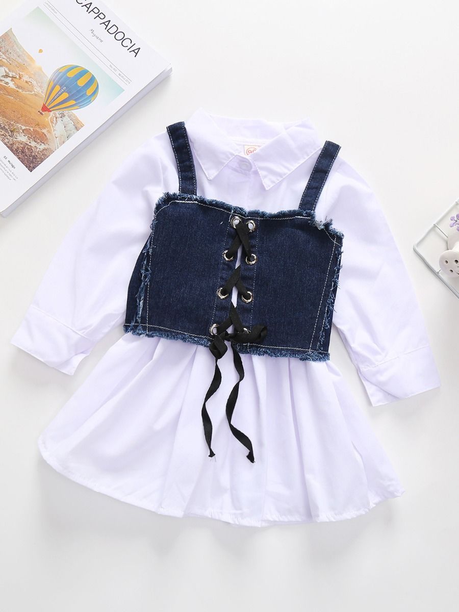 2-Piece Little Girl White Shirt Dress Matching Denim Vest