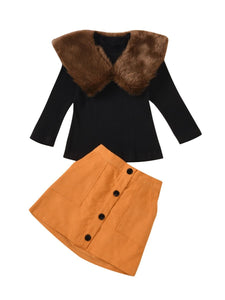 2-Piece Little Girl Faux Fur Collar Jumper With Skirt