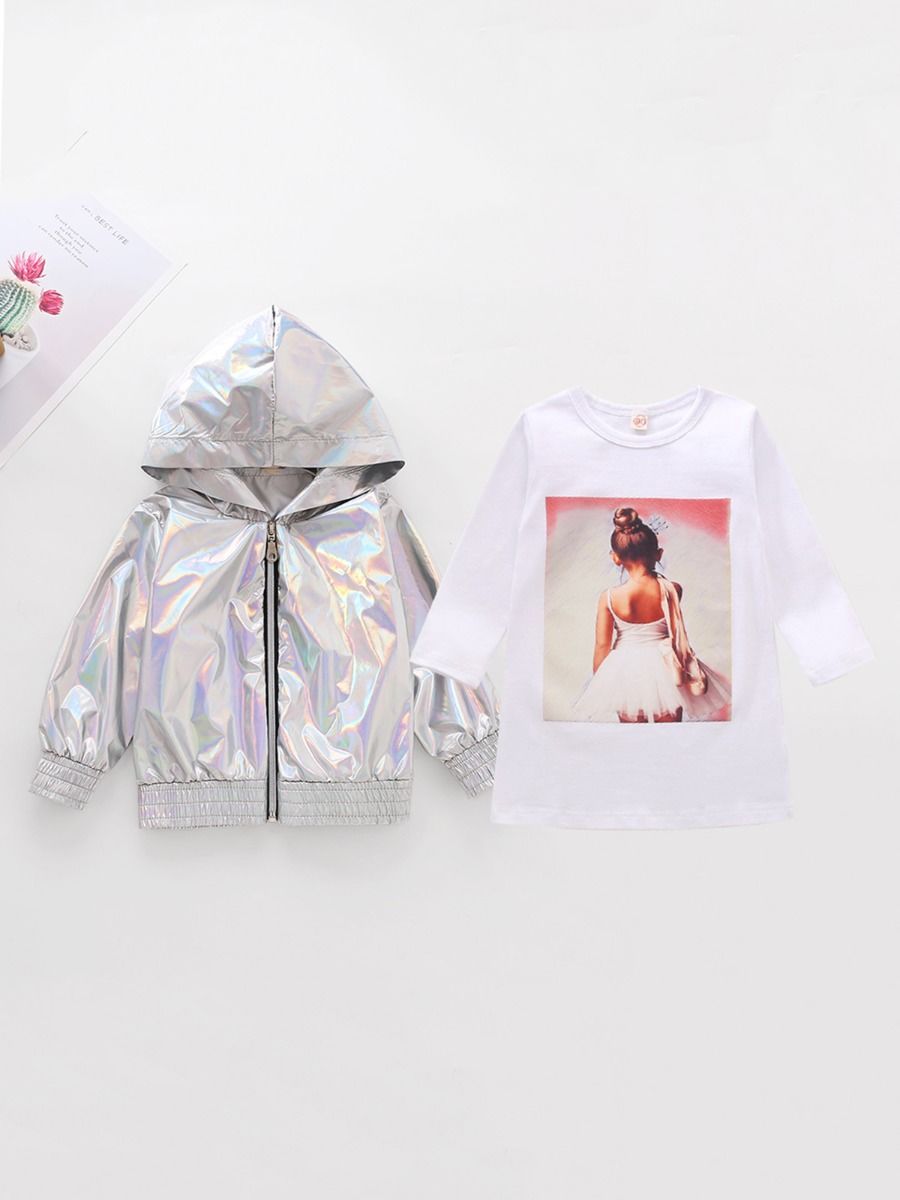 2-Piece Little Girl White T-shirt Dress And Hoodie Jacket