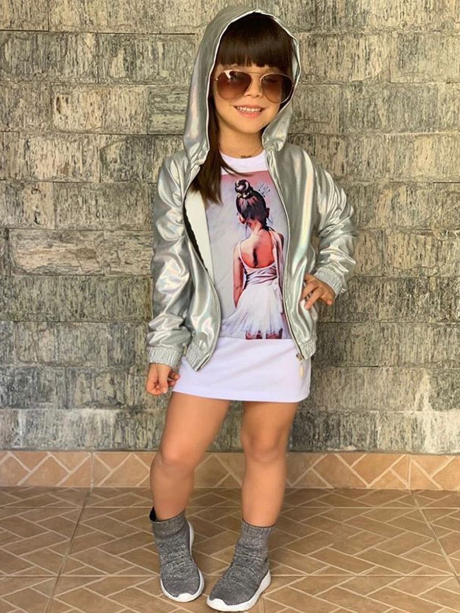 2-Piece Little Girl White T-shirt Dress And Hoodie Jacket