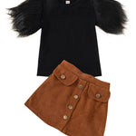 2-Piece Little Girl Feather Sleeve Top And Corduroy Skirt