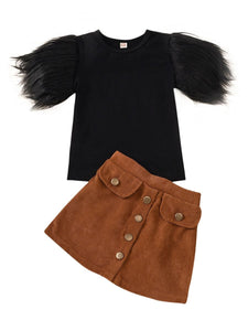 2-Piece Little Girl Feather Sleeve Top And Corduroy Skirt