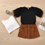 2-Piece Little Girl Feather Sleeve Top And Corduroy Skirt