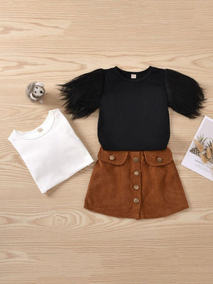 2-Piece Little Girl Feather Sleeve Top And Corduroy Skirt