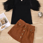 2-Piece Little Girl Feather Sleeve Top And Corduroy Skirt