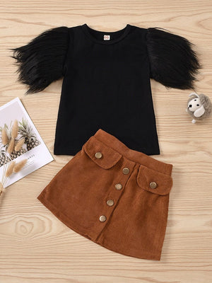 2-Piece Little Girl Feather Sleeve Top And Corduroy Skirt