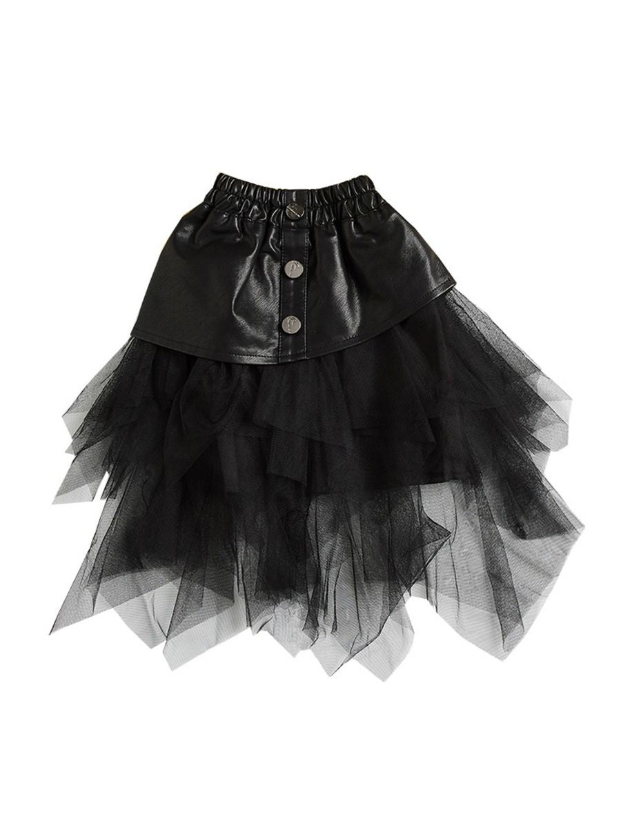 Little Girl PU Patchwork Mesh Skirt In Black