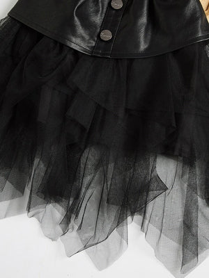 Little Girl PU Patchwork Mesh Skirt In Black