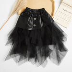 Little Girl PU Patchwork Mesh Skirt In Black