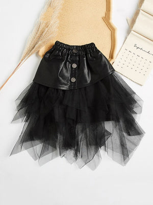 Little Girl PU Patchwork Mesh Skirt In Black