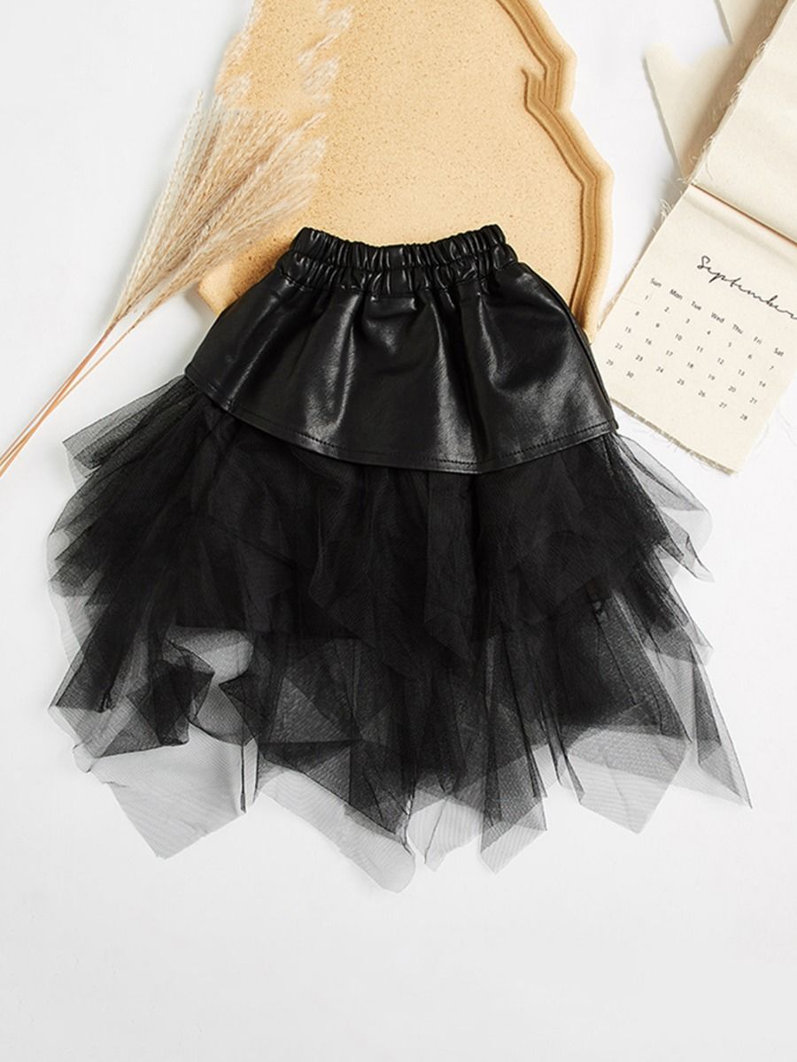 Little Girl PU Patchwork Mesh Skirt In Black