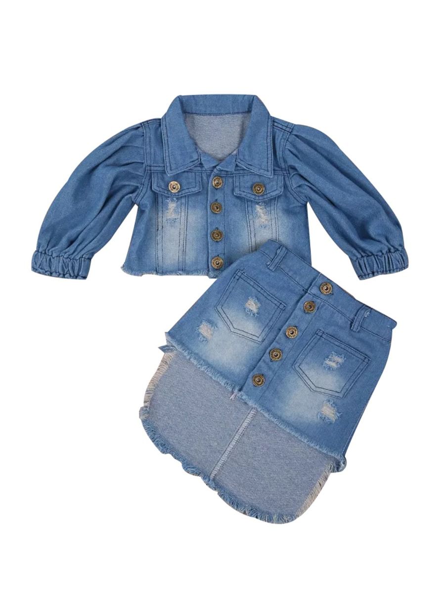 2-Piece Little Girl Denim Jacket With Fringed Hi Lo Hem Skirt