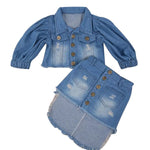 2-Piece Little Girl Denim Jacket With Fringed Hi Lo Hem Skirt