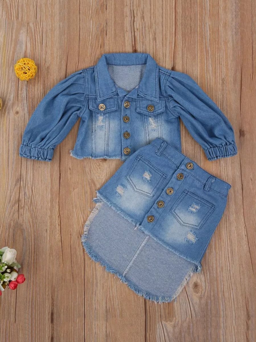 2-Piece Little Girl Denim Jacket With Fringed Hi Lo Hem Skirt