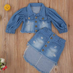 2-Piece Little Girl Denim Jacket With Fringed Hi Lo Hem Skirt