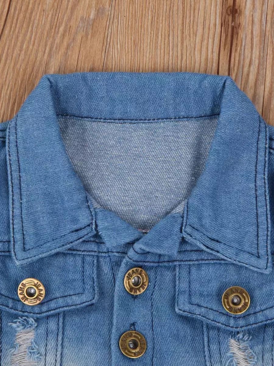 2-Piece Little Girl Denim Jacket With Fringed Hi Lo Hem Skirt