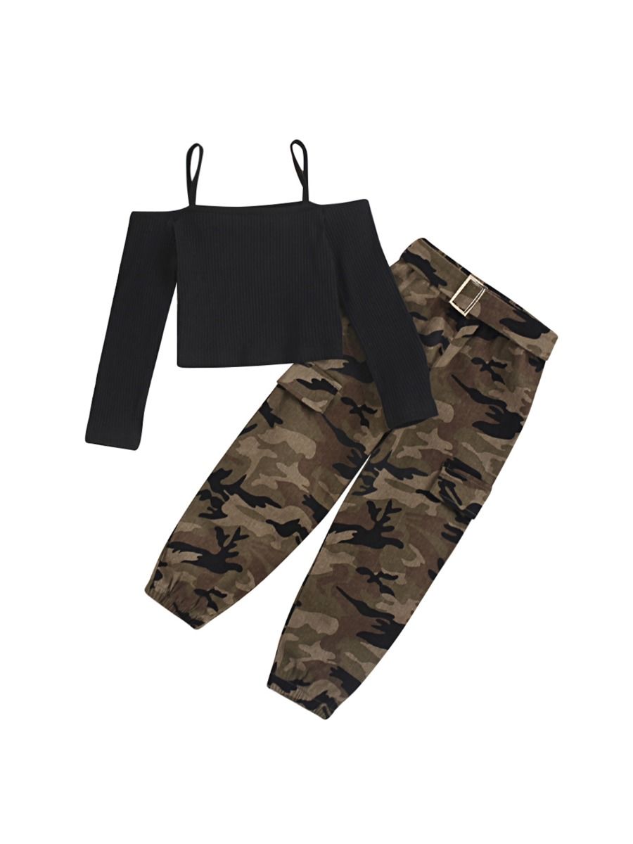 2-Piece Little Girl Crop Cami Top And Camo Pants