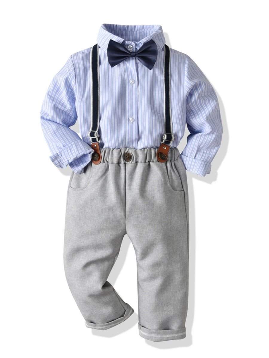 4-piece British Style Toddler Boy Striped Shirt Long Sleeve with Bow Tie & Suspender Casual Pants Set