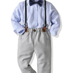 4-piece British Style Toddler Boy Striped Shirt Long Sleeve with Bow Tie & Suspender Casual Pants Set
