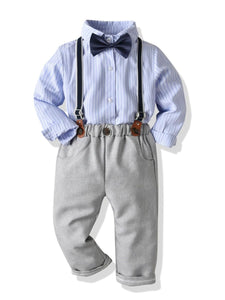 4-piece British Style Toddler Boy Striped Shirt Long Sleeve with Bow Tie & Suspender Casual Pants Set