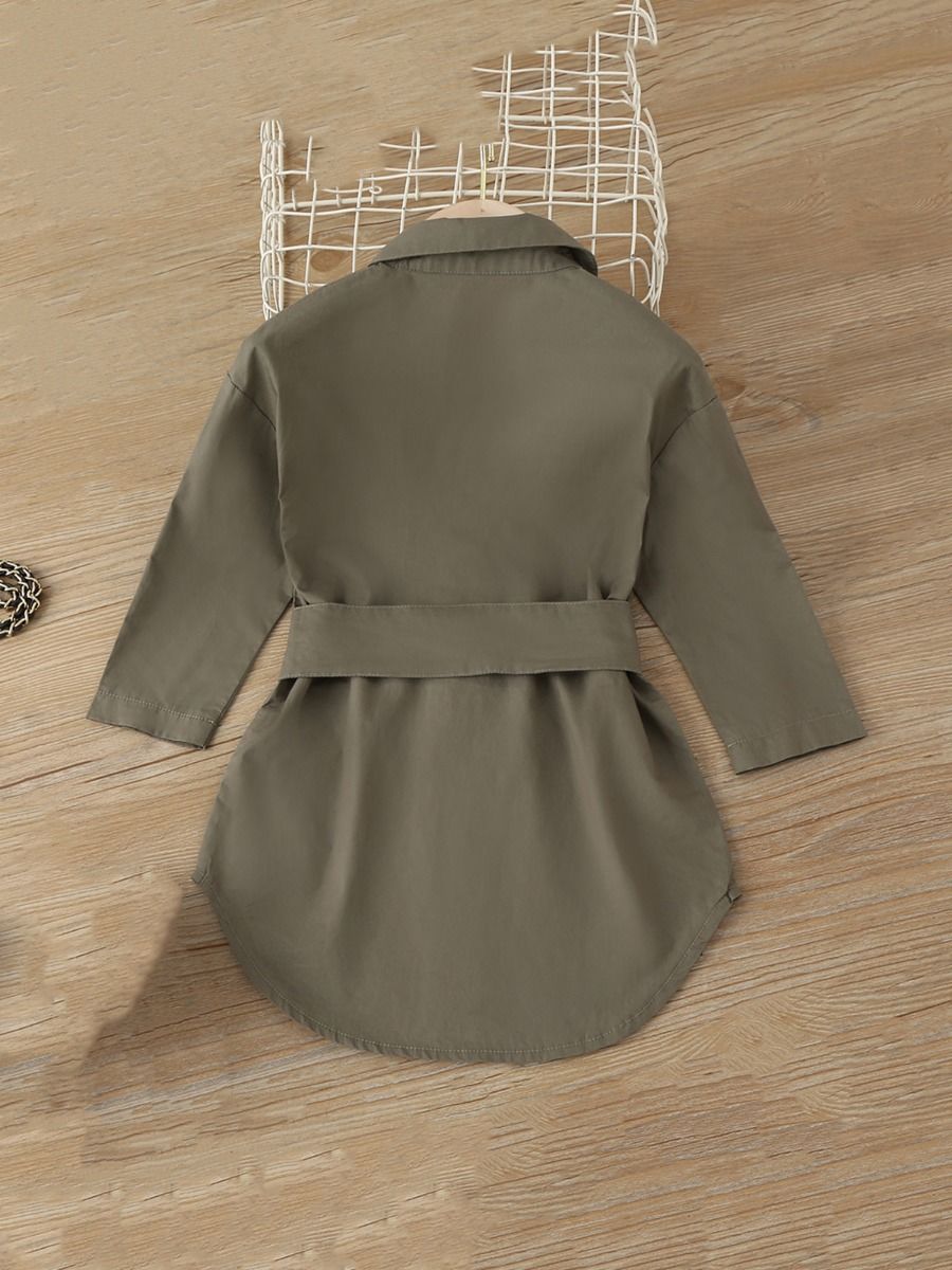 Toddler Girl Button Shirt Dress With Lace Up Belt