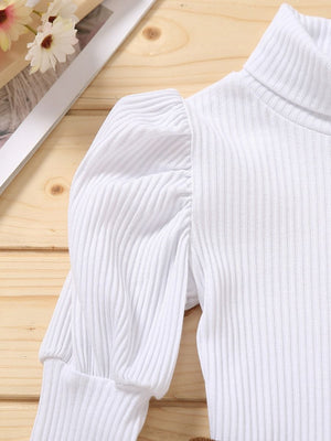 Little Girl White High Neck Top & Brown Skirt Set
