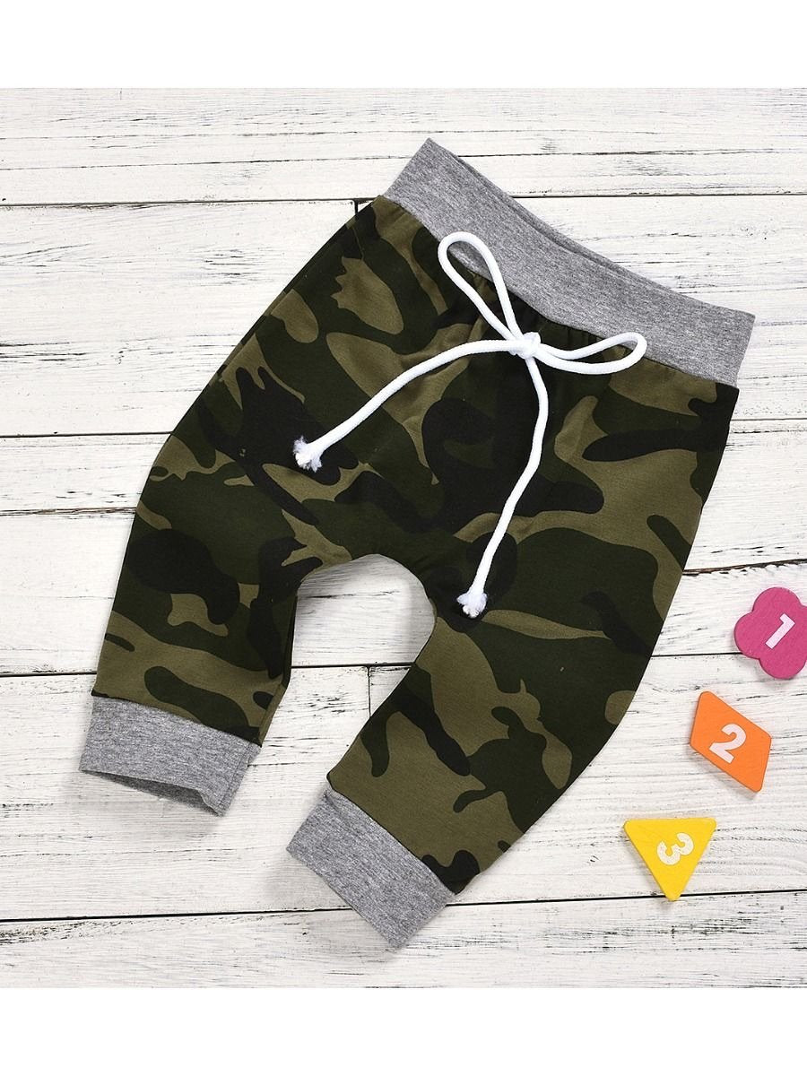 3-Piece Baby Boy Little Man Grey Onesie & Camo Pants & Hat Set