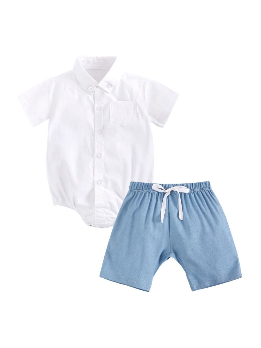 2-Piece Little Boy Solid Color Turn-down Collar Bodysuit & Matching Pull-on Shorts