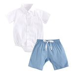 2-Piece Little Boy Solid Color Turn-down Collar Bodysuit & Matching Pull-on Shorts