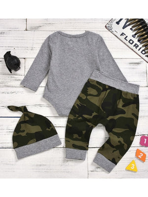 3-Piece Baby Boy Little Man Grey Onesie & Camo Pants & Hat Set