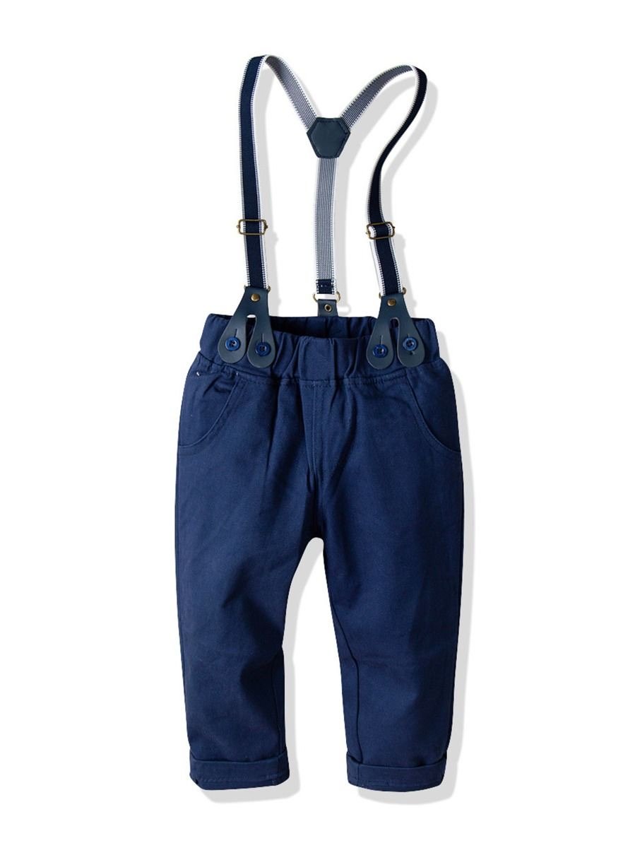 4-Piece Gentleman Style Blue Shirt with Bow Tie & Blue Suspender Trousers Set