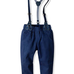 4-Piece Gentleman Style Blue Shirt with Bow Tie & Blue Suspender Trousers Set