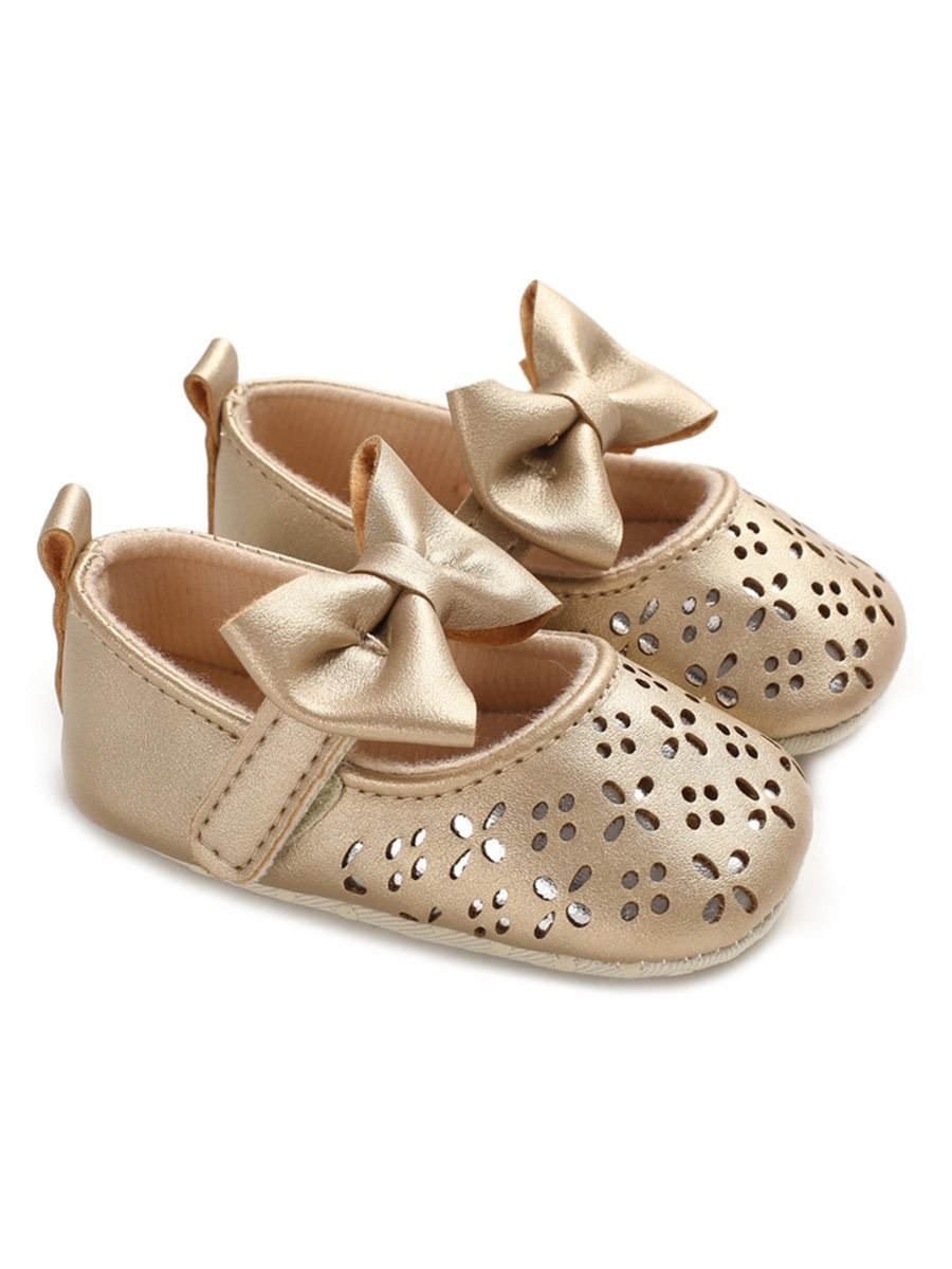 Baby Girl Pierced Big Bow Gold Shoes