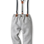4-piece British Style Toddler Boy Striped Shirt Long Sleeve with Bow Tie & Suspender Casual Pants Set