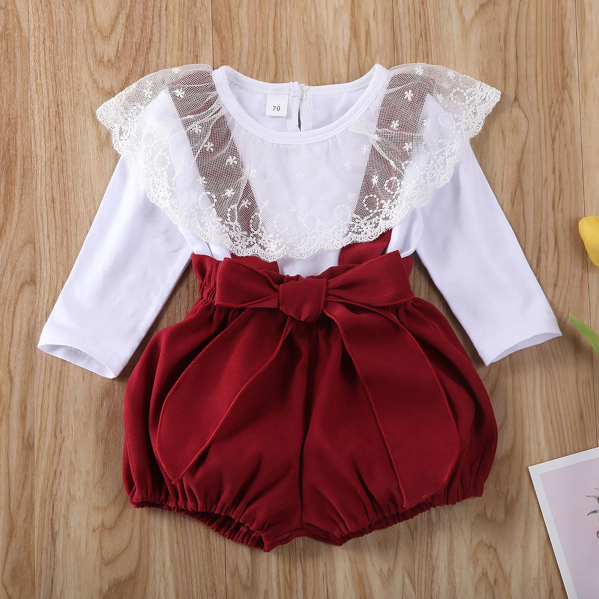 Two Piece Baby Girl Lace Trim Top And Suspender Shorts Set