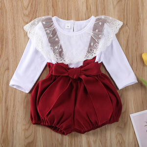 Two Piece Baby Girl Lace Trim Top And Suspender Shorts Set