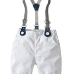 4-Piece British Style Baby Color Blocking Bodysuit Matching Bow Tie & White Suspender Shorts Set