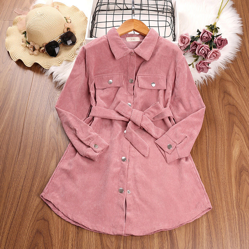 Toddler Girl Pink Corduroy Long-Sleeved Shirt Dress