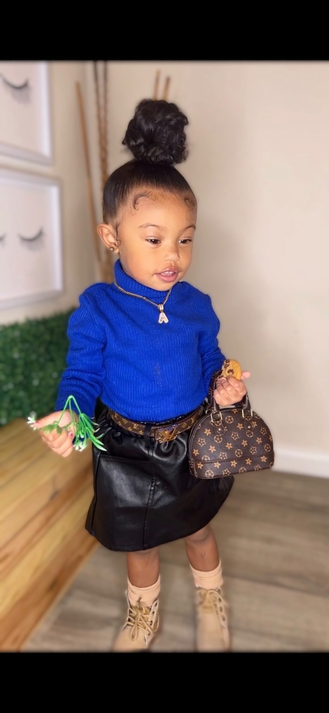 Little Girl Turtleneck Long-Sleeve Sweater and Leather Skirt Set